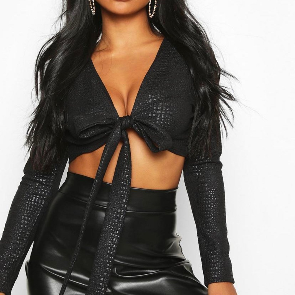 Black crocodile textured front tie crop top
